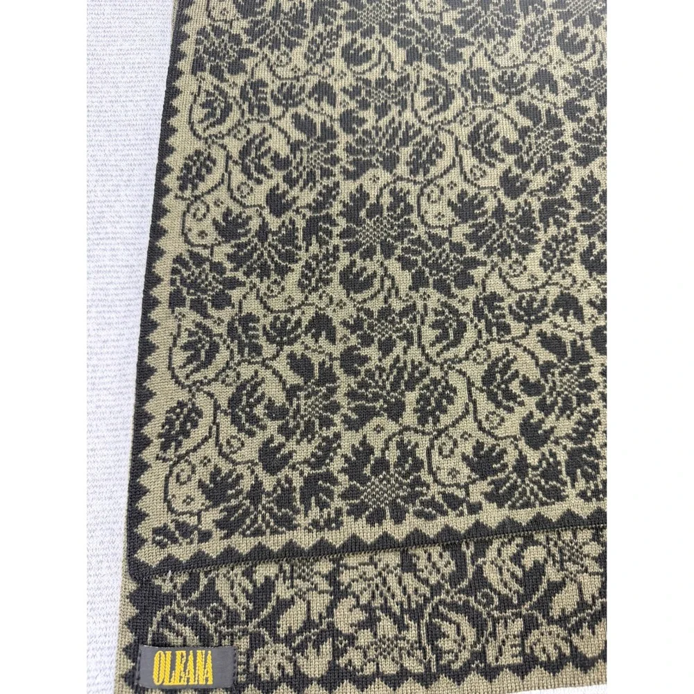 Oleana Norway Knit Scarf Olive Green Black Floral Damask Rectangular Wrap 62x21